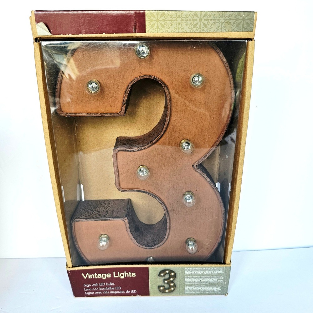 Vintage Style LED Marquee Number 3 Sign Brown Metal Rustic Industrial Decor